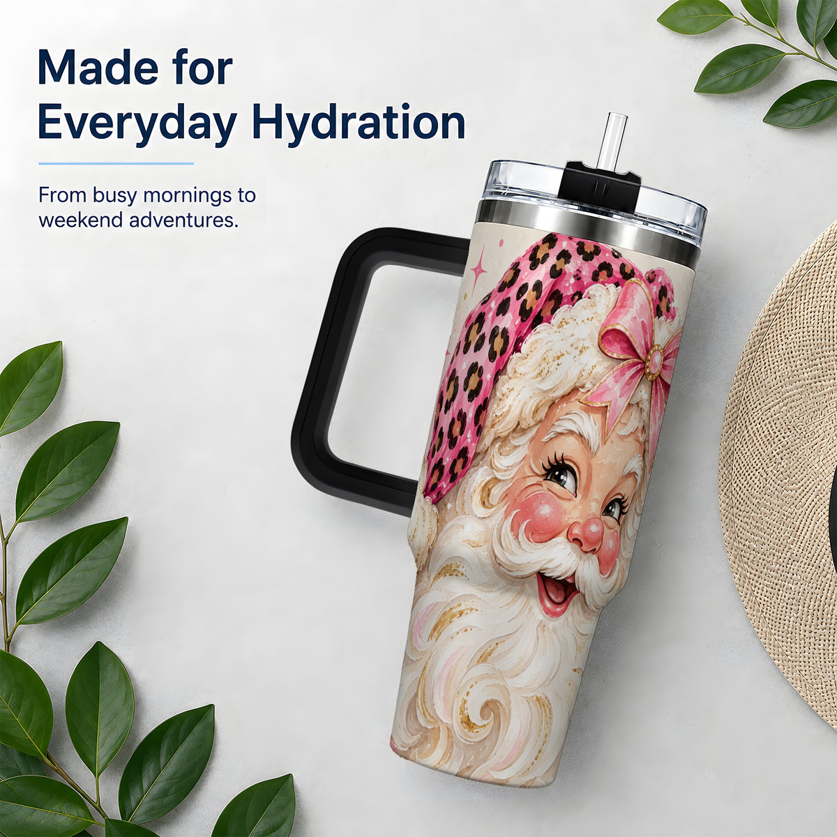 #pl[40oz|Black] Pink Leopard Santa Tumbler, 40oz Stainless Steel Tumbler for Christmas Fans