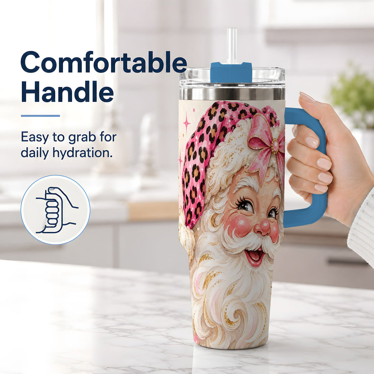 #pl[40oz|Blue] Pink Leopard Santa Tumbler, 40oz Stainless Steel Tumbler for Christmas Fans