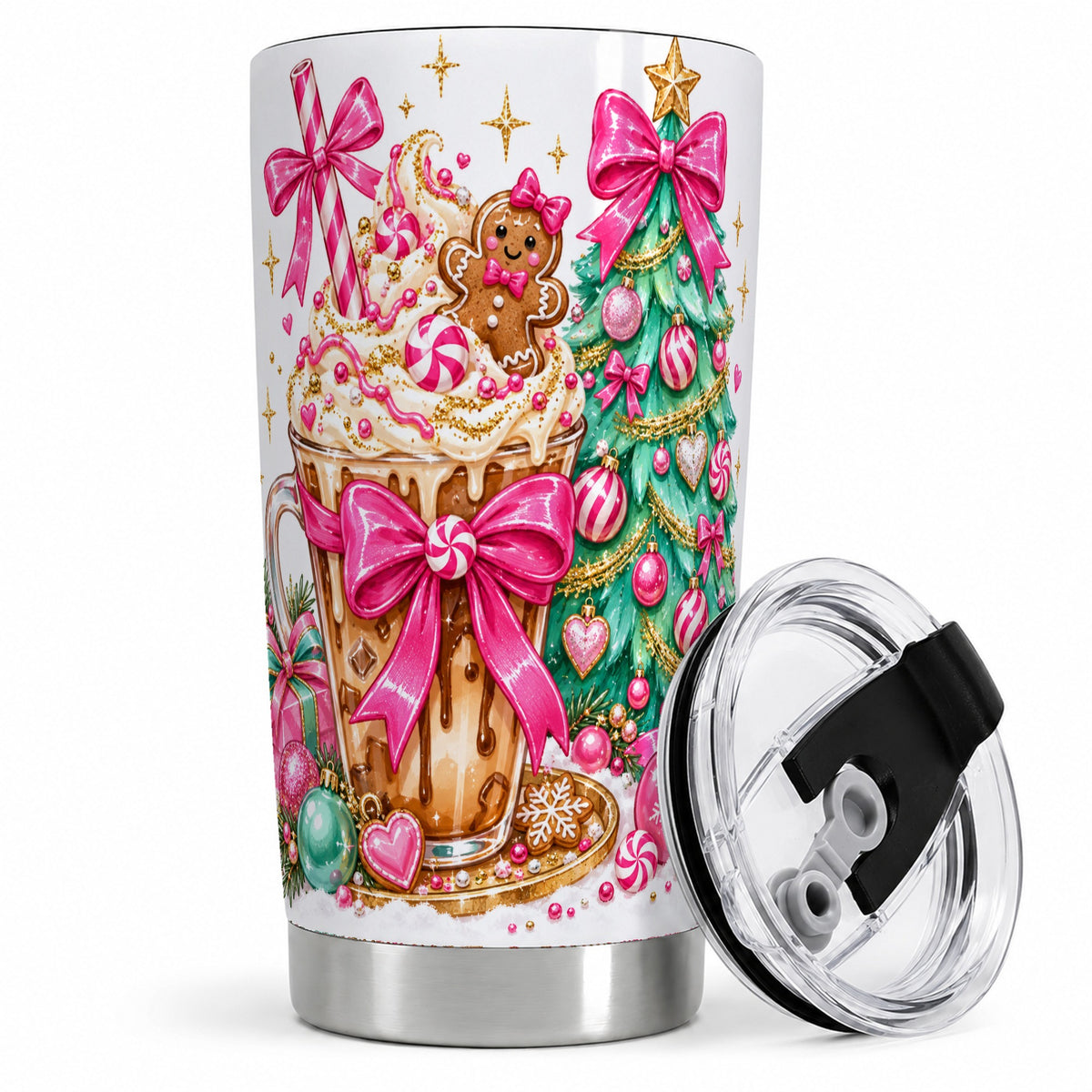 Pink Christmas Coffee 20oz Tumbler, Tree Gingerbread Holiday Artwork