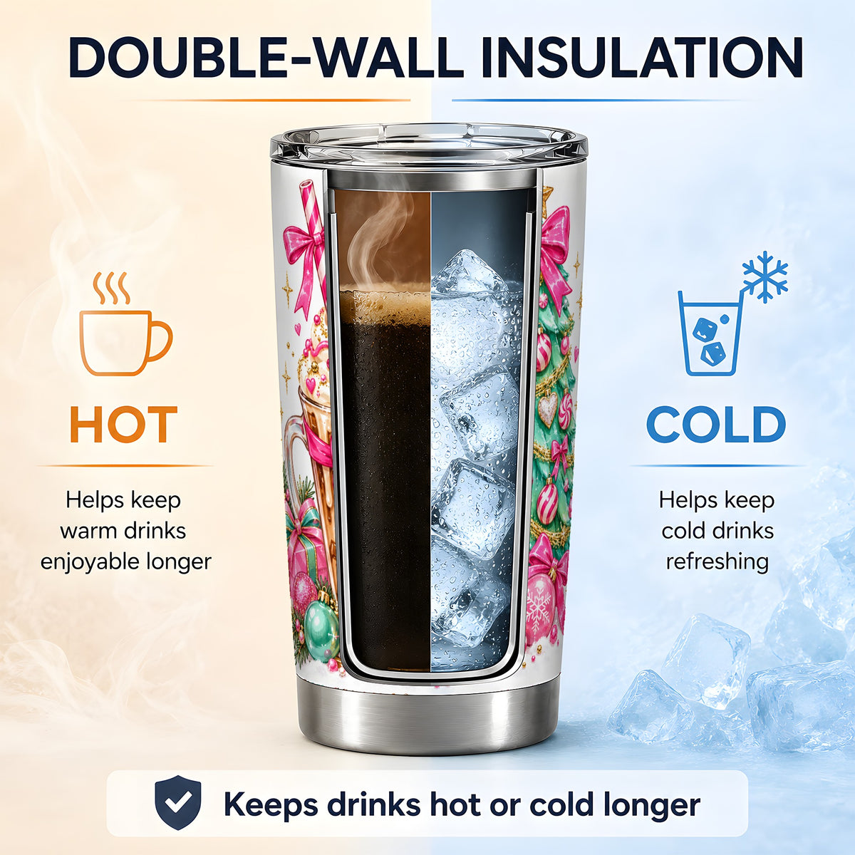 #pl[20oz|Steel] Pink Christmas Coffee 20oz Tumbler, Tree Gingerbread Holiday Artwork