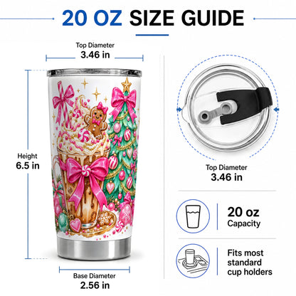 #pl[20oz|Steel] Pink Christmas Coffee 20oz Tumbler, Tree Gingerbread Holiday Artwork