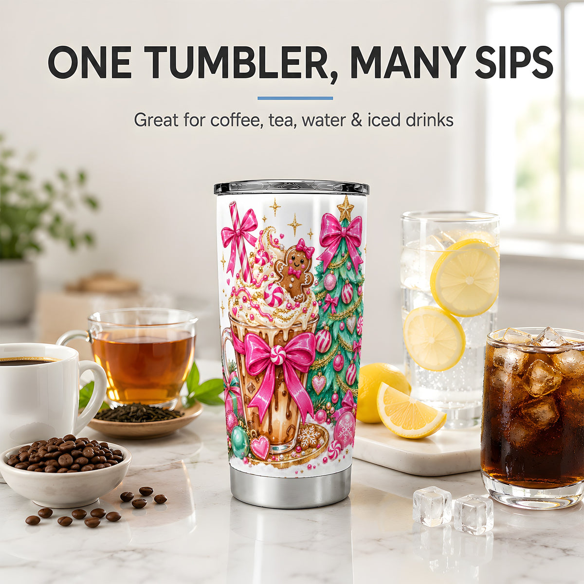 #pl[20oz|Steel] Pink Christmas Coffee 20oz Tumbler, Tree Gingerbread Holiday Artwork