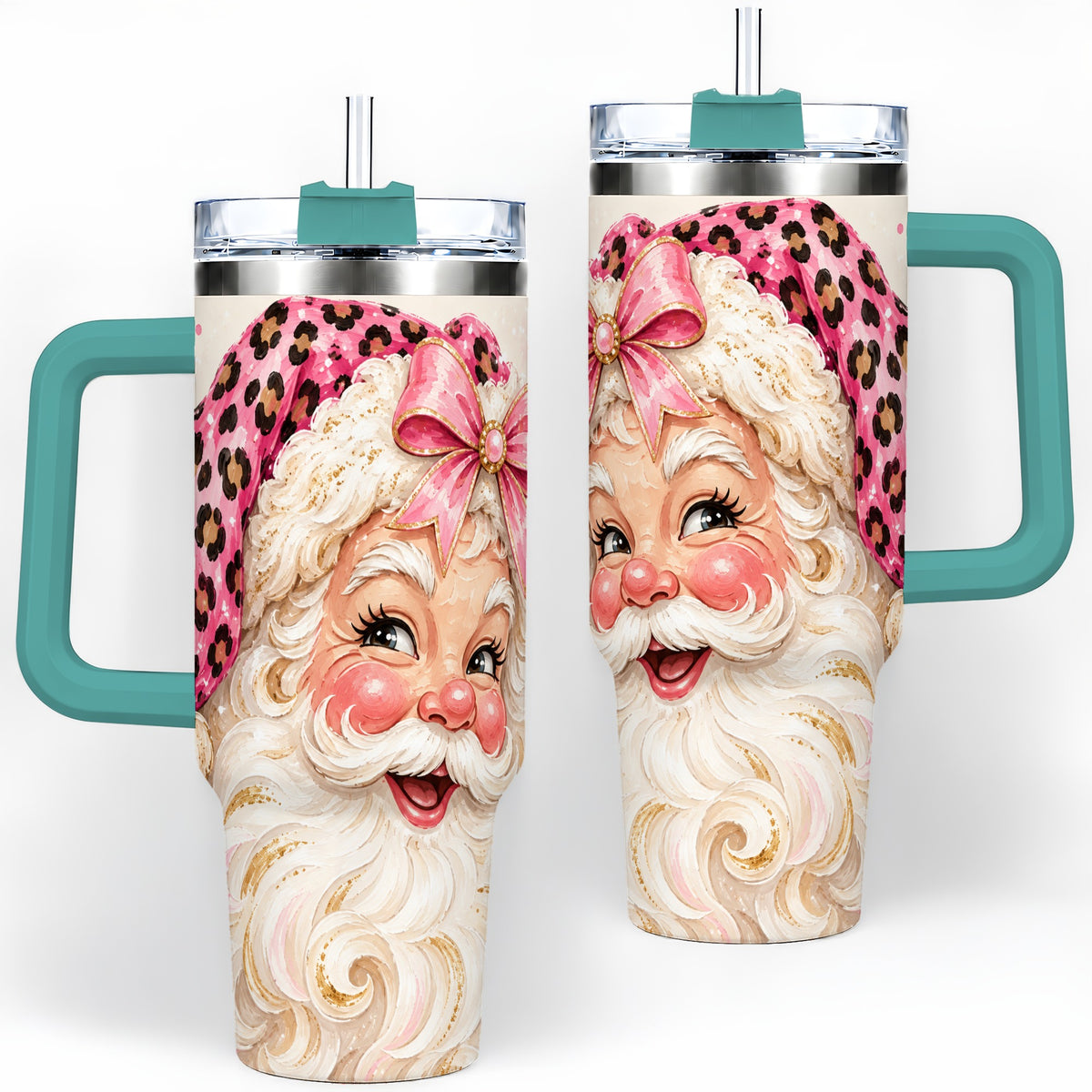 #pl[40oz|Green] Pink Leopard Santa Tumbler, 40oz Stainless Steel Tumbler for Christmas Fans
