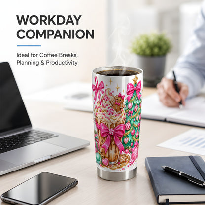 #pl[20oz|Steel] Pink Christmas Coffee 20oz Tumbler, Tree Gingerbread Holiday Artwork