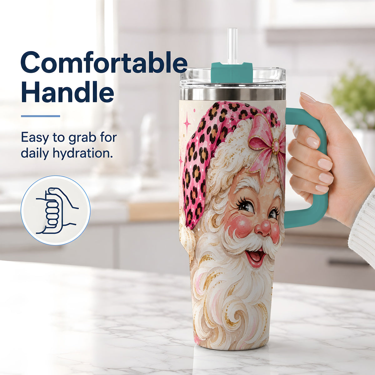 #pl[40oz|Green] Pink Leopard Santa Tumbler, 40oz Stainless Steel Tumbler for Christmas Fans