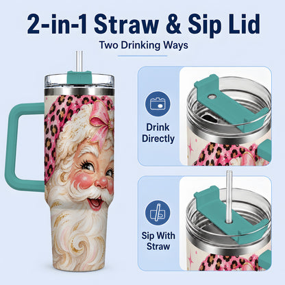 #pl[40oz|Green] Pink Leopard Santa Tumbler, 40oz Stainless Steel Tumbler for Christmas Fans