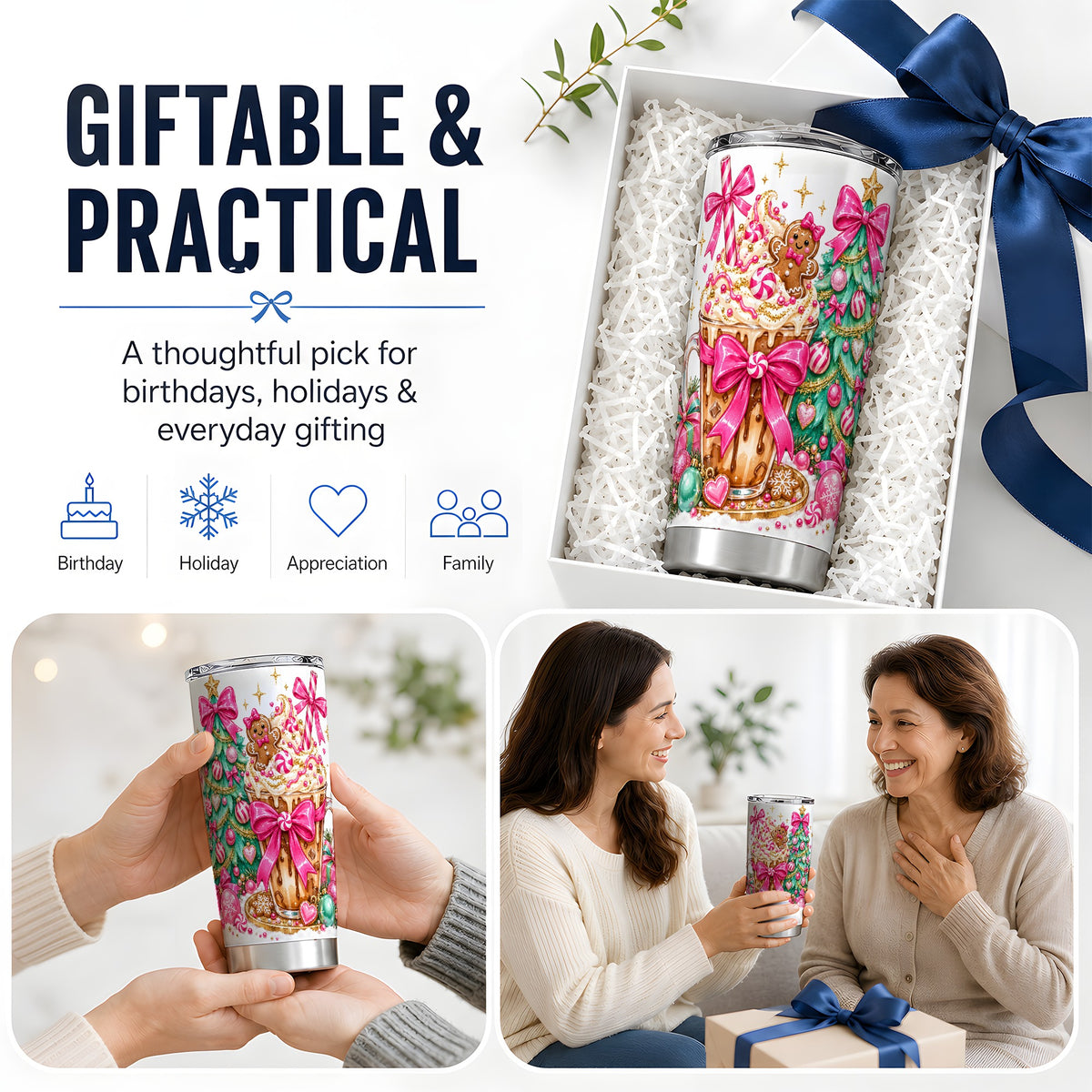 #pl[20oz|Steel] Pink Christmas Coffee 20oz Tumbler, Tree Gingerbread Holiday Artwork