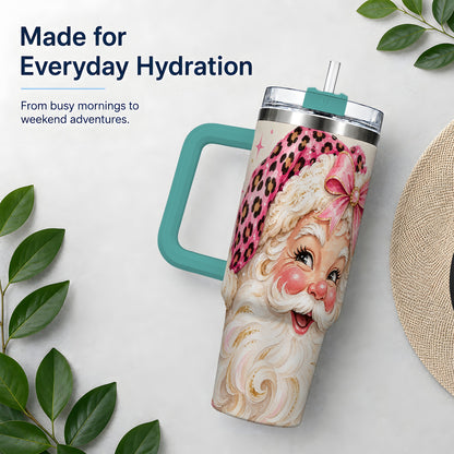 #pl[40oz|Green] Pink Leopard Santa Tumbler, 40oz Stainless Steel Tumbler for Christmas Fans