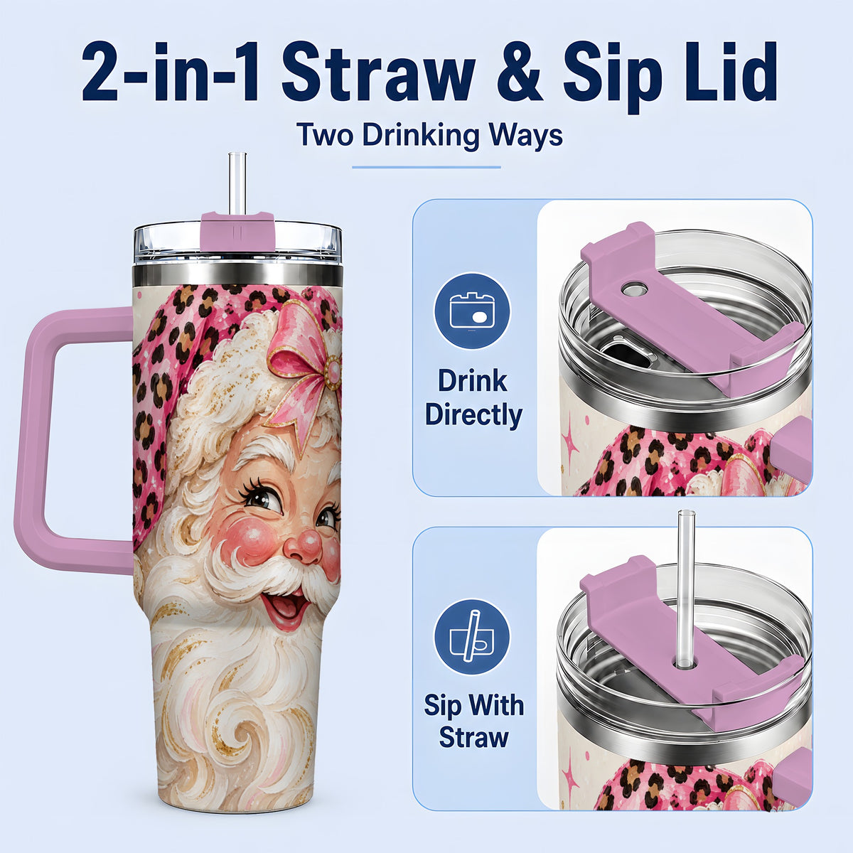 #pl[40oz|Pink] Pink Leopard Santa Tumbler, 40oz Stainless Steel Tumbler for Christmas Fans