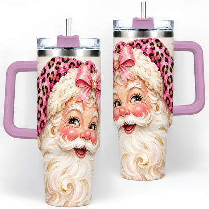 #pl[40oz|Pink] Pink Leopard Santa Tumbler, 40oz Stainless Steel Tumbler for Christmas Fans
