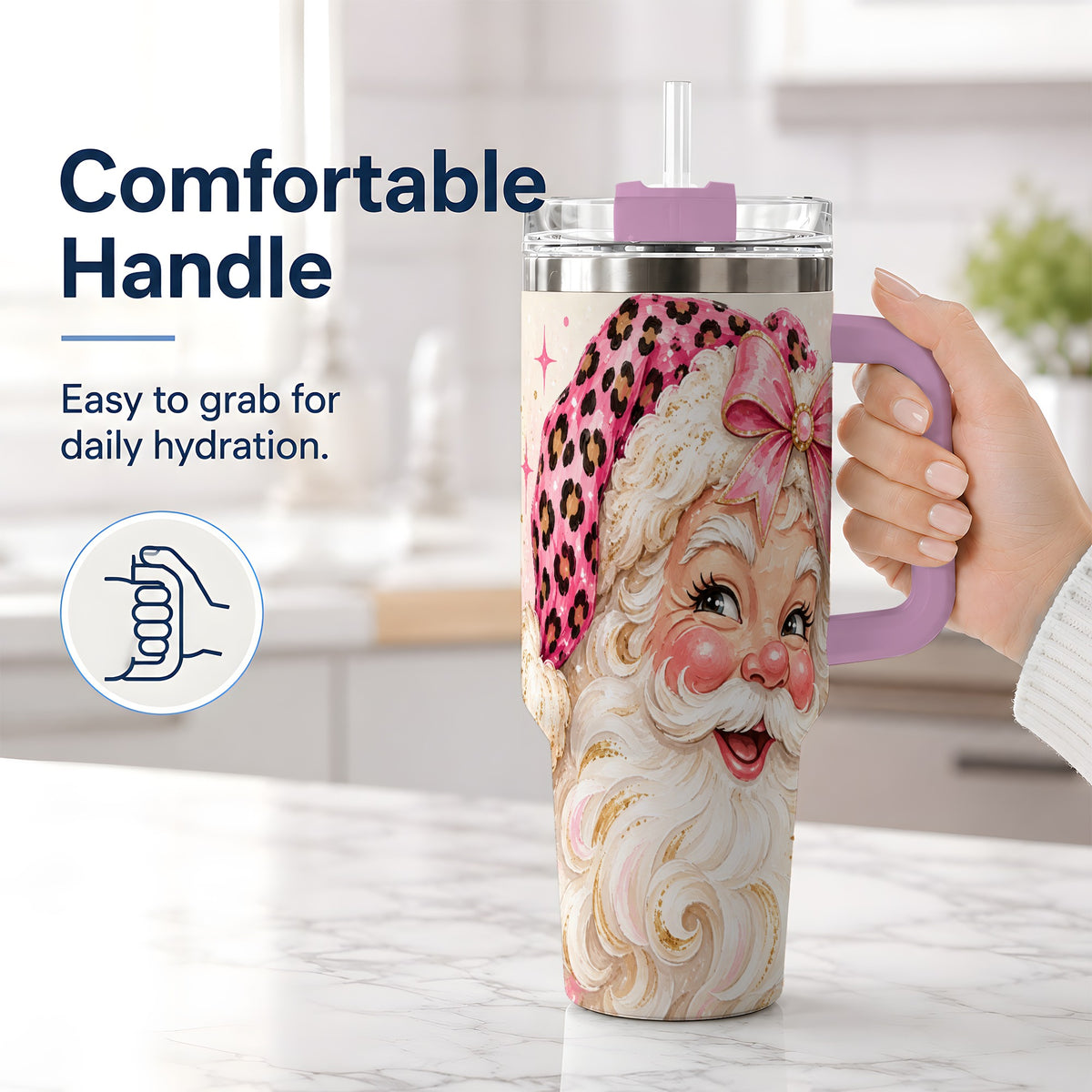 #pl[40oz|Pink] Pink Leopard Santa Tumbler, 40oz Stainless Steel Tumbler for Christmas Fans