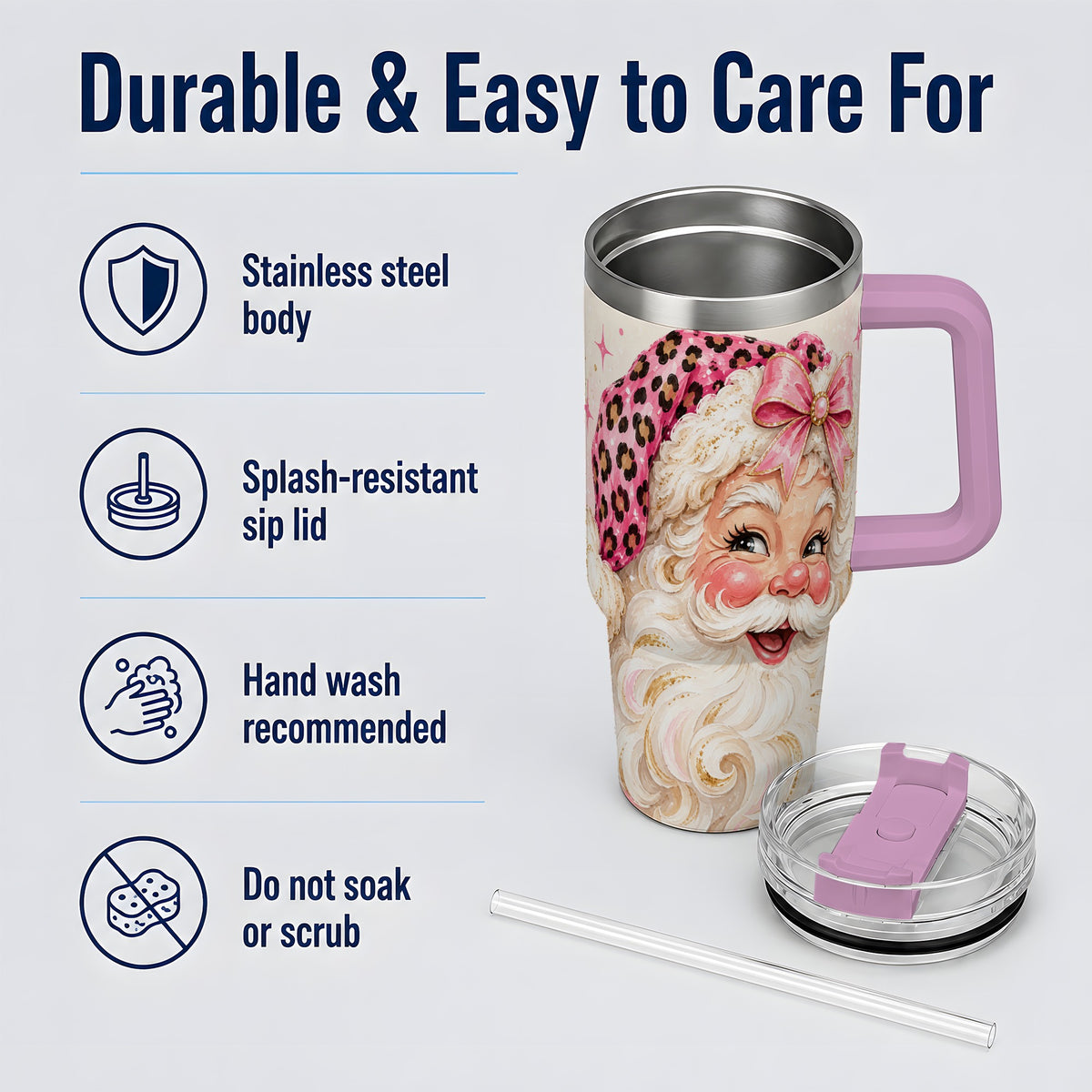 #pl[40oz|Pink] Pink Leopard Santa Tumbler, 40oz Stainless Steel Tumbler for Christmas Fans