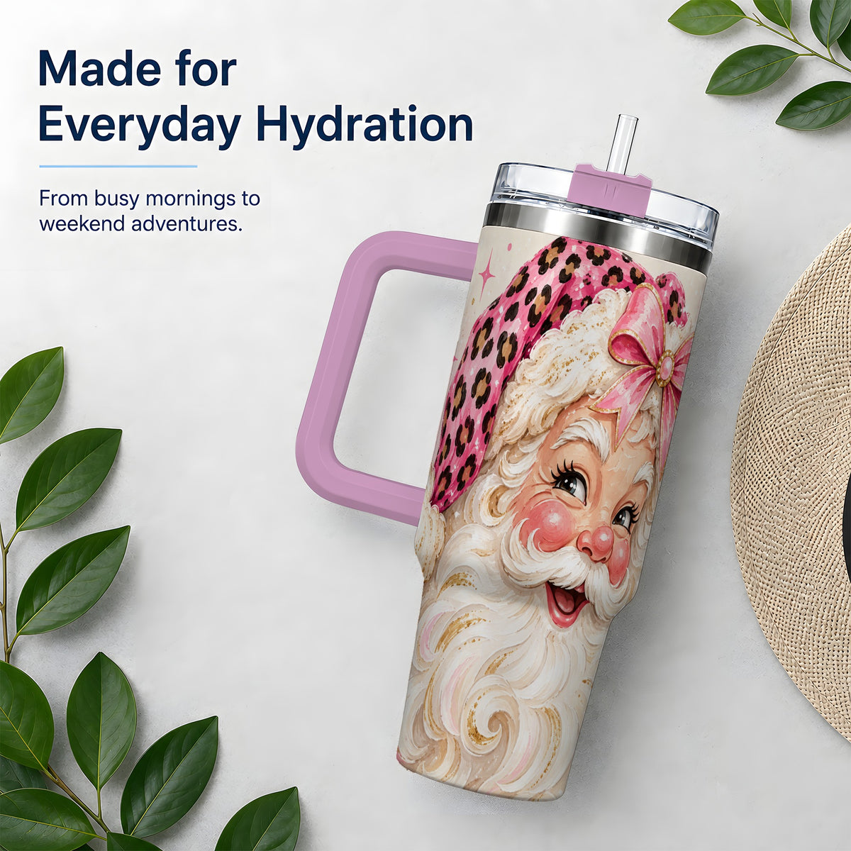 #pl[40oz|Pink] Pink Leopard Santa Tumbler, 40oz Stainless Steel Tumbler for Christmas Fans