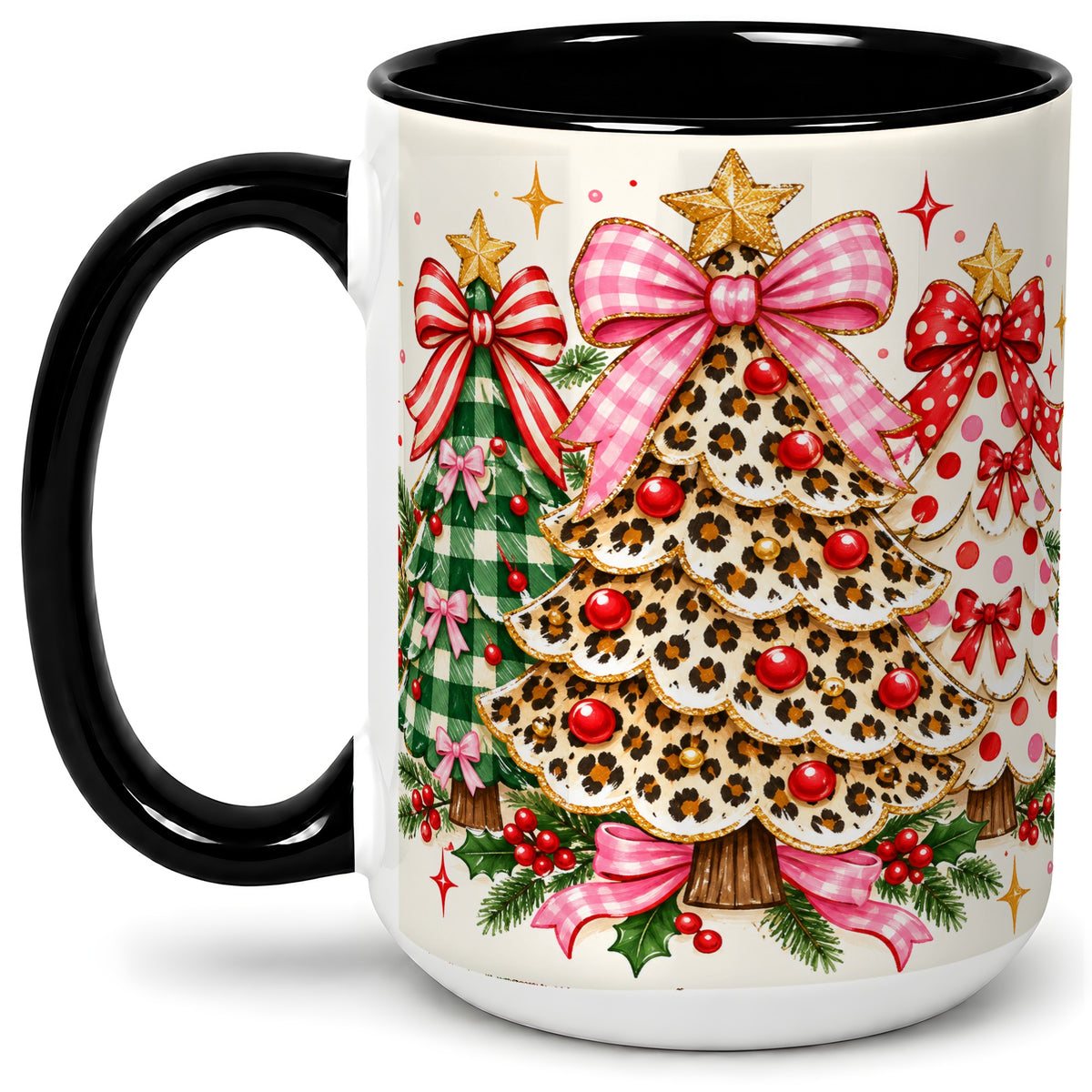 #pl[15oz|Black] Patterned Trio Christmas Tree Accent Mug, Ceramic Mug
