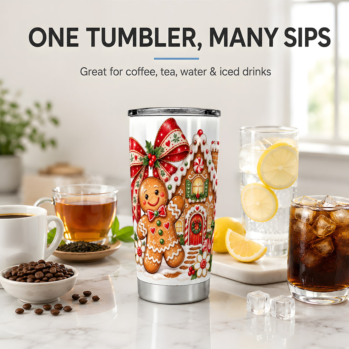 #pl[20oz|Steel] Gingerbread Christmas 20oz Tumbler, House Cookie Holiday Drinkware