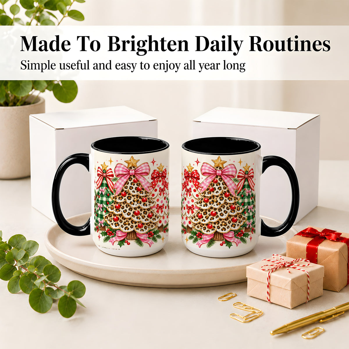 #pl[15oz|Black] Patterned Trio Christmas Tree Accent Mug, Ceramic Mug