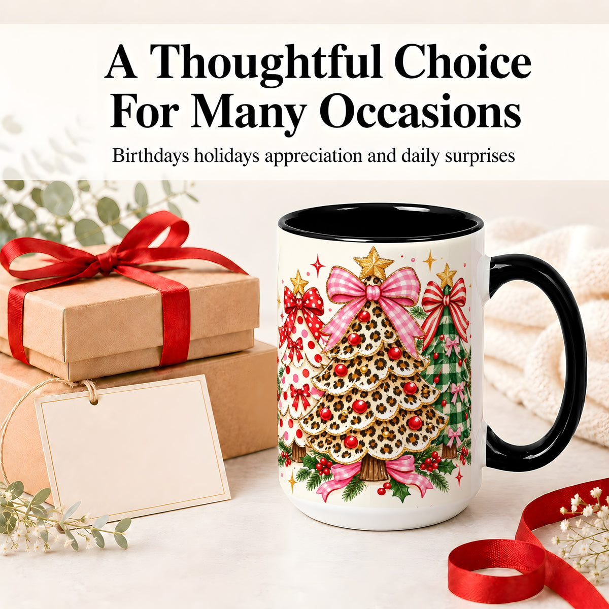 #pl[15oz|Black] Patterned Trio Christmas Tree Accent Mug, Ceramic Mug