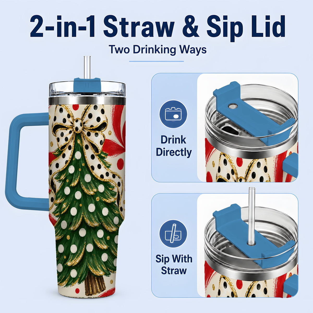 #pl[40oz|Blue] Polka Dot Bow Christmas Tree Tumbler, 40oz Stainless Steel Tumbler