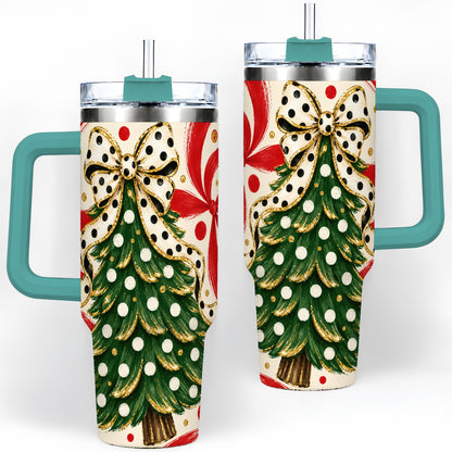 #pl[40oz|Green] Polka Dot Bow Christmas Tree Tumbler, 40oz Stainless Steel Tumbler