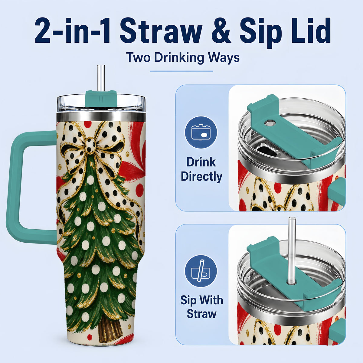 #pl[40oz|Green] Polka Dot Bow Christmas Tree Tumbler, 40oz Stainless Steel Tumbler