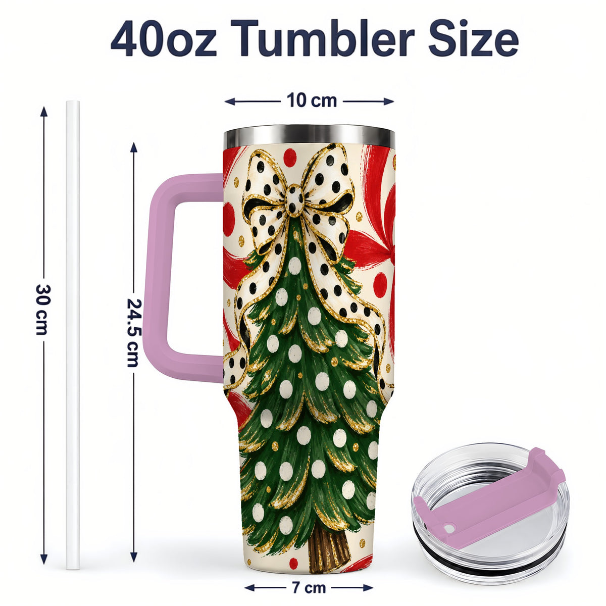 #pl[40oz|Pink] Polka Dot Bow Christmas Tree Tumbler, 40oz Stainless Steel Tumbler