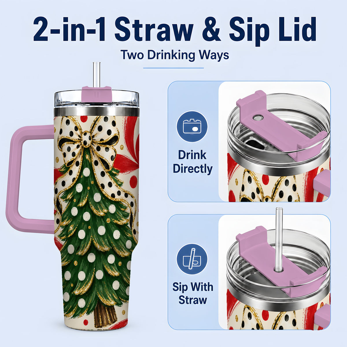#pl[40oz|Pink] Polka Dot Bow Christmas Tree Tumbler, 40oz Stainless Steel Tumbler
