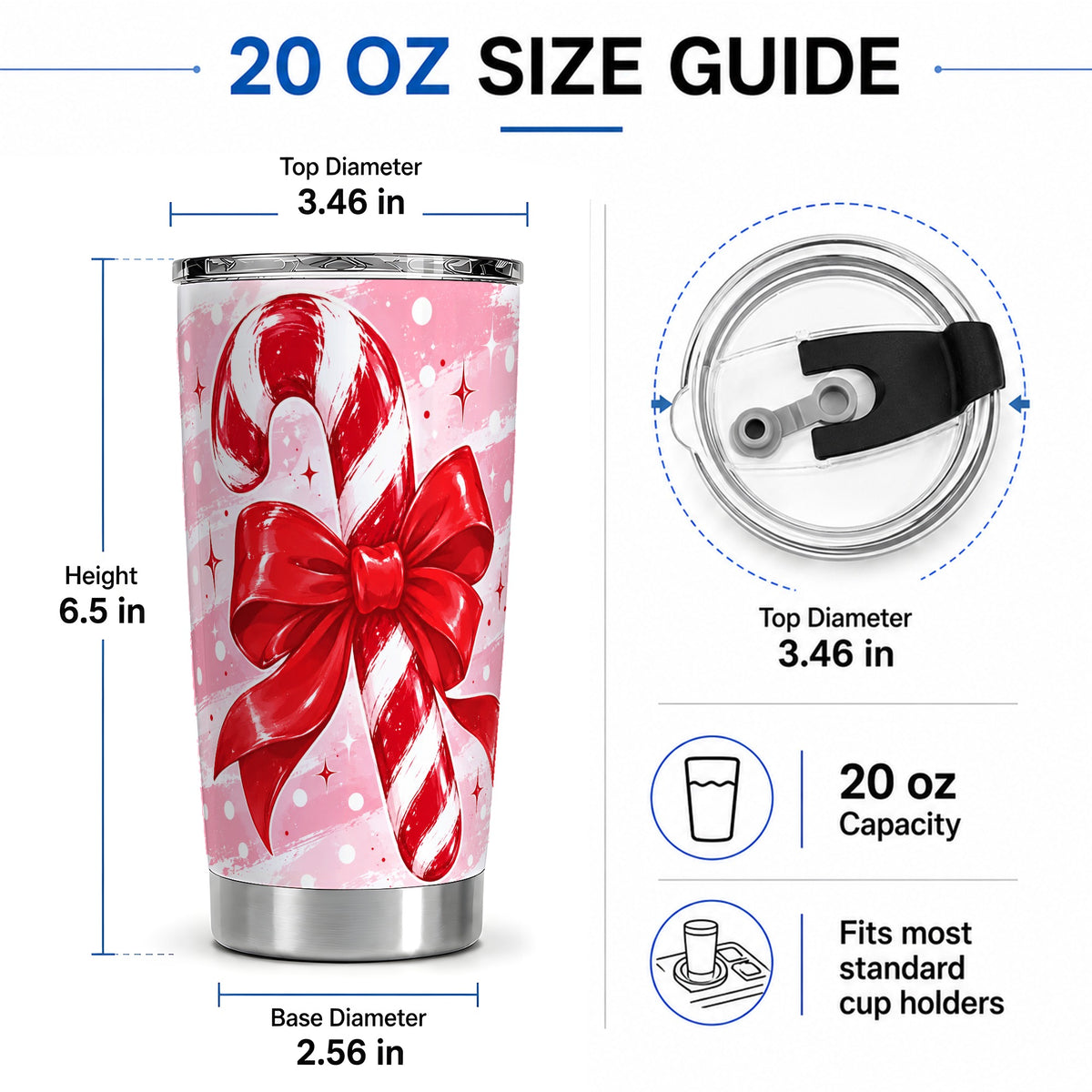 #pl[20oz|Steel] Candy Cane Bow 20oz Tumbler, Red Pink Christmas Holiday Drinkware