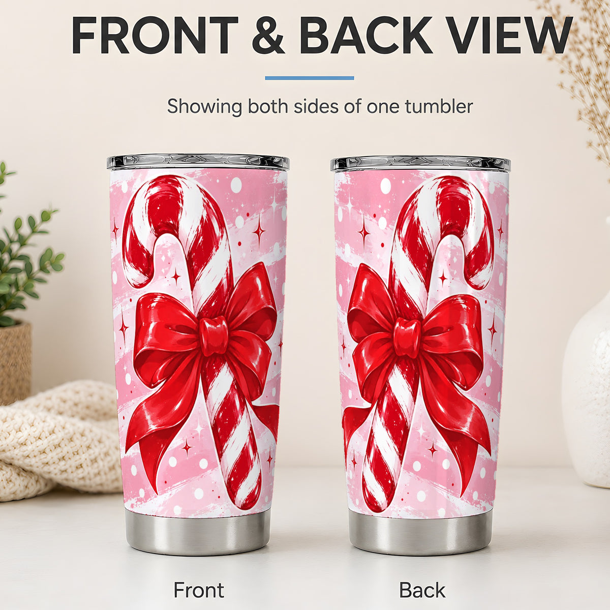 #pl[20oz|Steel] Candy Cane Bow 20oz Tumbler, Red Pink Christmas Holiday Drinkware