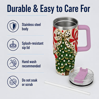 #pl[40oz|Pink] Polka Dot Bow Christmas Tree Tumbler, 40oz Stainless Steel Tumbler