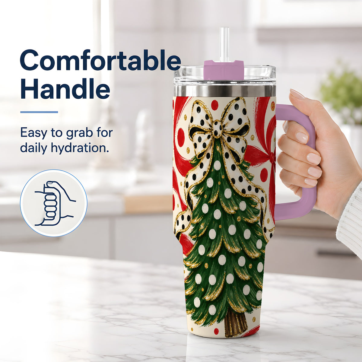 #pl[40oz|Pink] Polka Dot Bow Christmas Tree Tumbler, 40oz Stainless Steel Tumbler