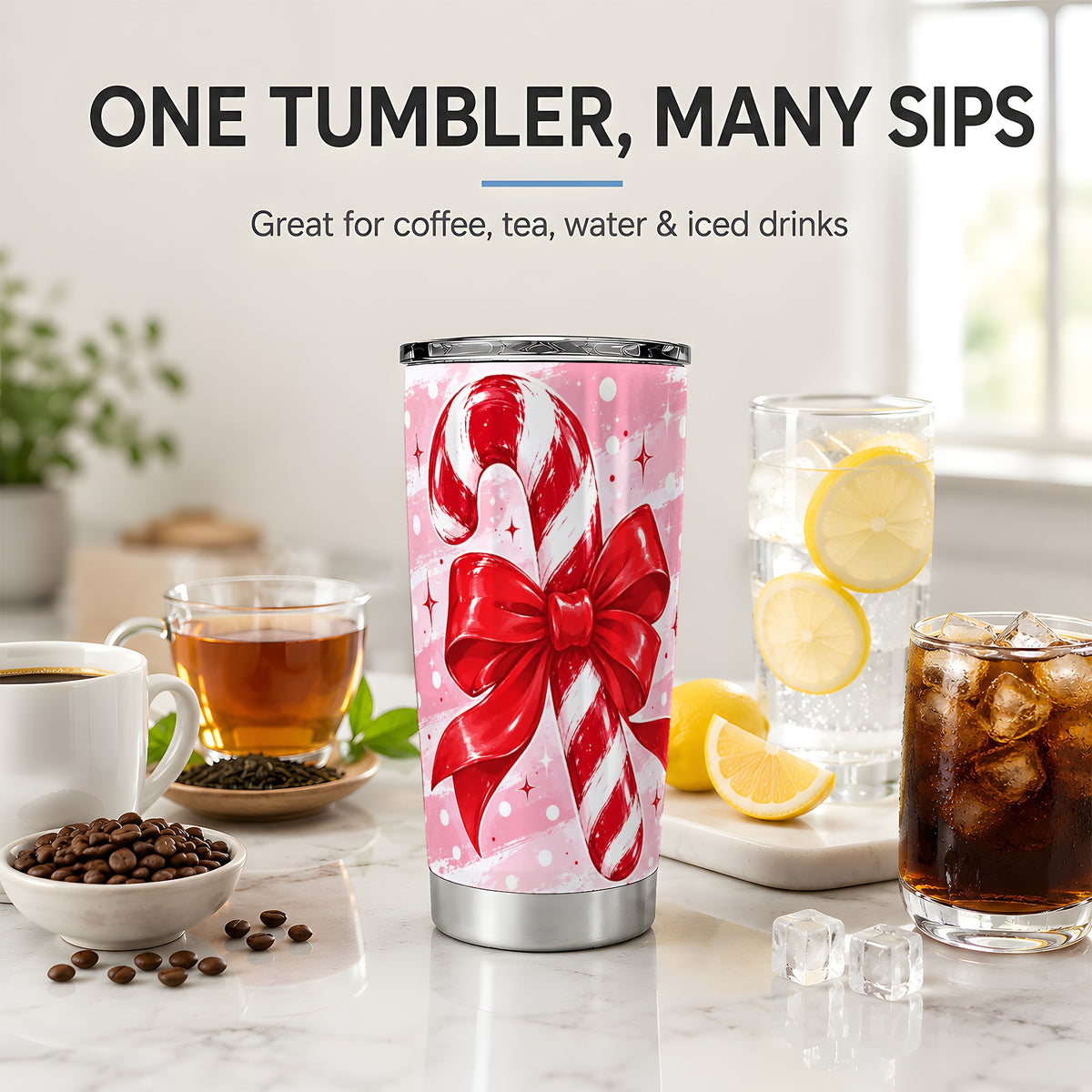 #pl[20oz|Steel] Candy Cane Bow 20oz Tumbler, Red Pink Christmas Holiday Drinkware