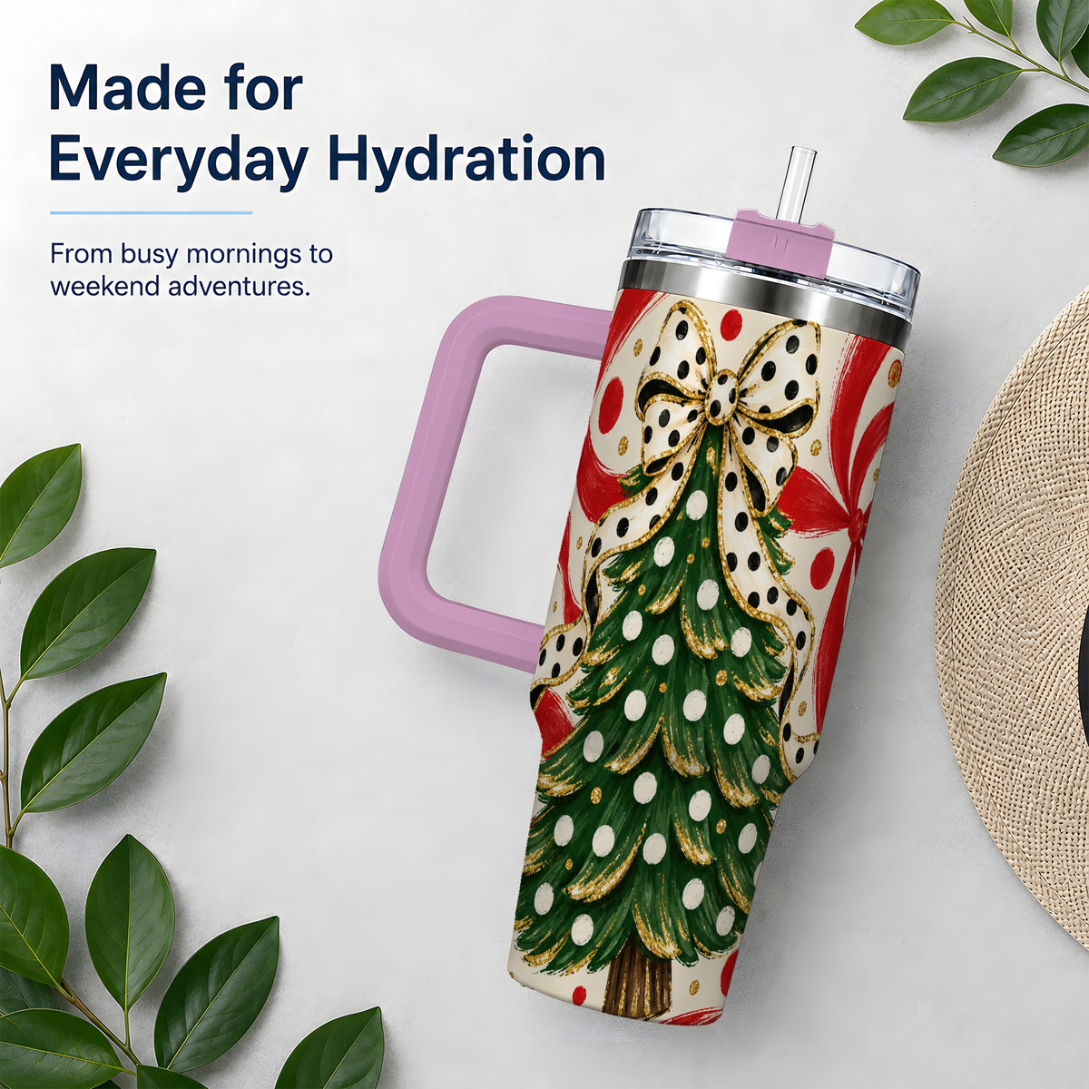 #pl[40oz|Pink] Polka Dot Bow Christmas Tree Tumbler, 40oz Stainless Steel Tumbler