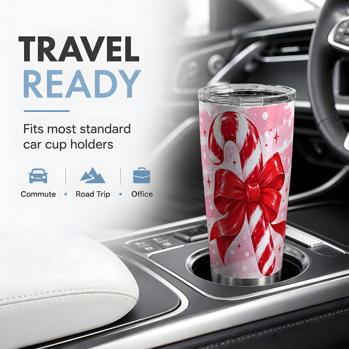 #pl[20oz|Steel] Candy Cane Bow 20oz Tumbler, Red Pink Christmas Holiday Drinkware