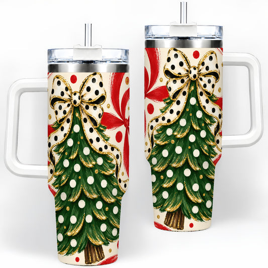 Polka Dot Bow Christmas Tree Tumbler, 40oz Stainless Steel Tumbler