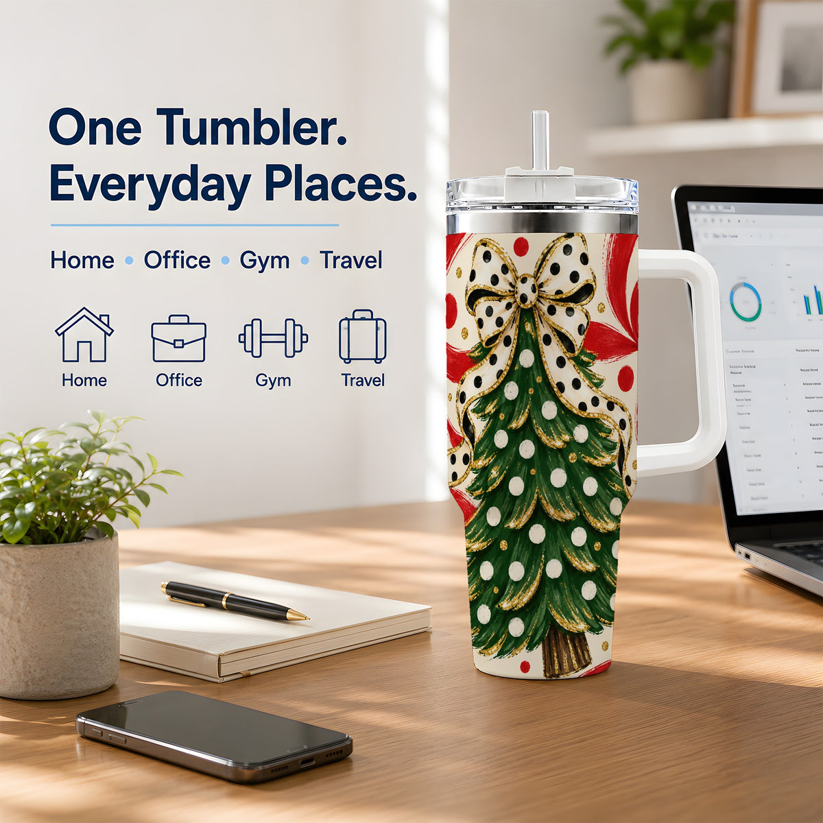 #pl[40oz|White] Polka Dot Bow Christmas Tree Tumbler, 40oz Stainless Steel Tumbler