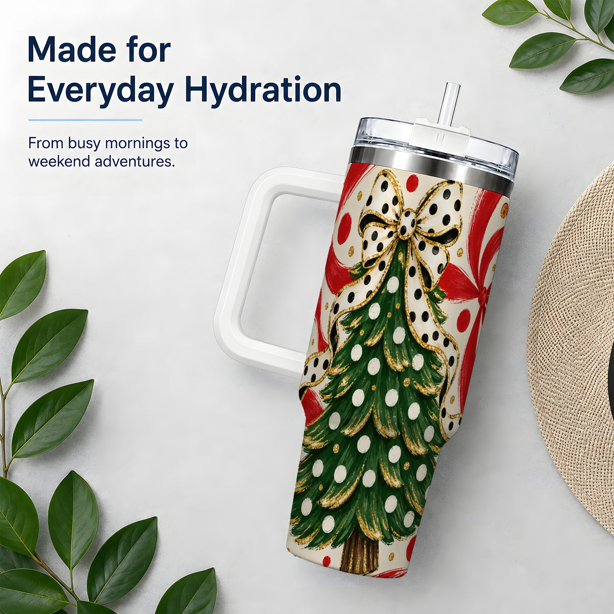 #pl[40oz|White] Polka Dot Bow Christmas Tree Tumbler, 40oz Stainless Steel Tumbler