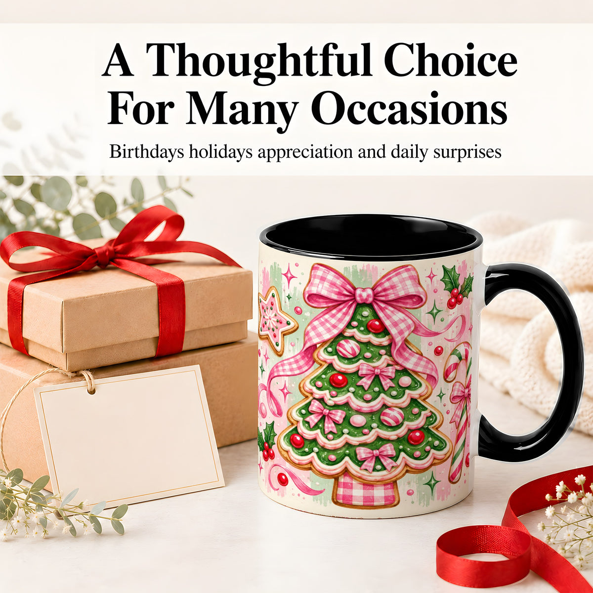 #pl[11oz|Black] Gingerbread Christmas Tree Accent Mug, Ceramic Mug for Holiday Fans