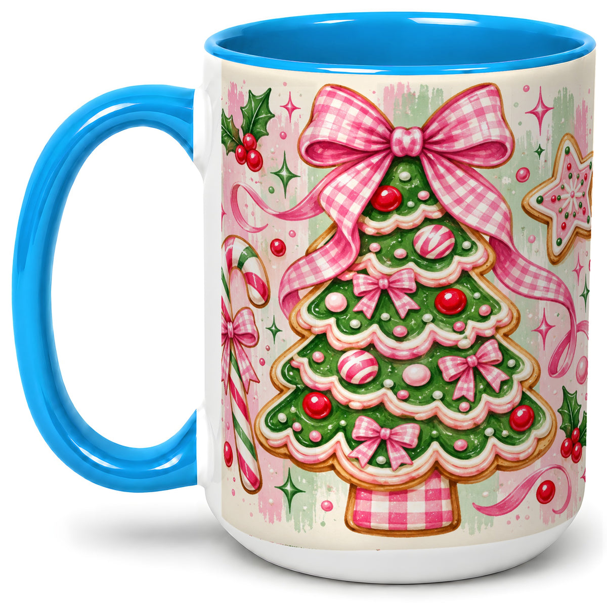 #pl[15oz|Blue] Gingerbread Christmas Tree Accent Mug, Ceramic Mug for Holiday Fans