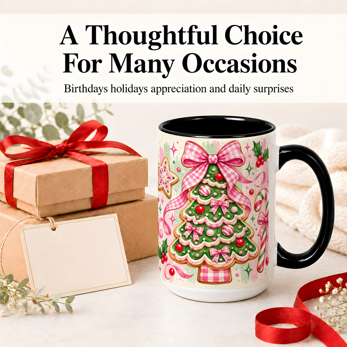 #pl[15oz|Black] Gingerbread Christmas Tree Accent Mug, Ceramic Mug for Holiday Fans