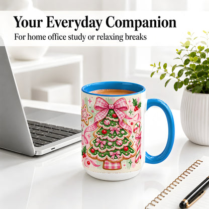 #pl[15oz|Blue] Gingerbread Christmas Tree Accent Mug, Ceramic Mug for Holiday Fans