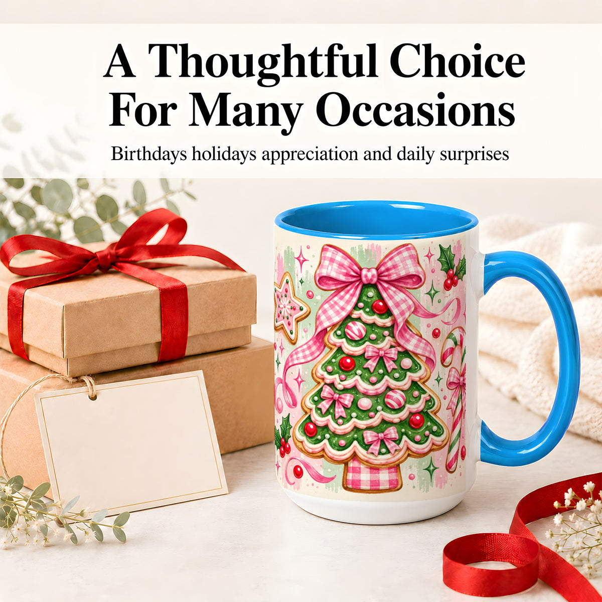 #pl[15oz|Blue] Gingerbread Christmas Tree Accent Mug, Ceramic Mug for Holiday Fans