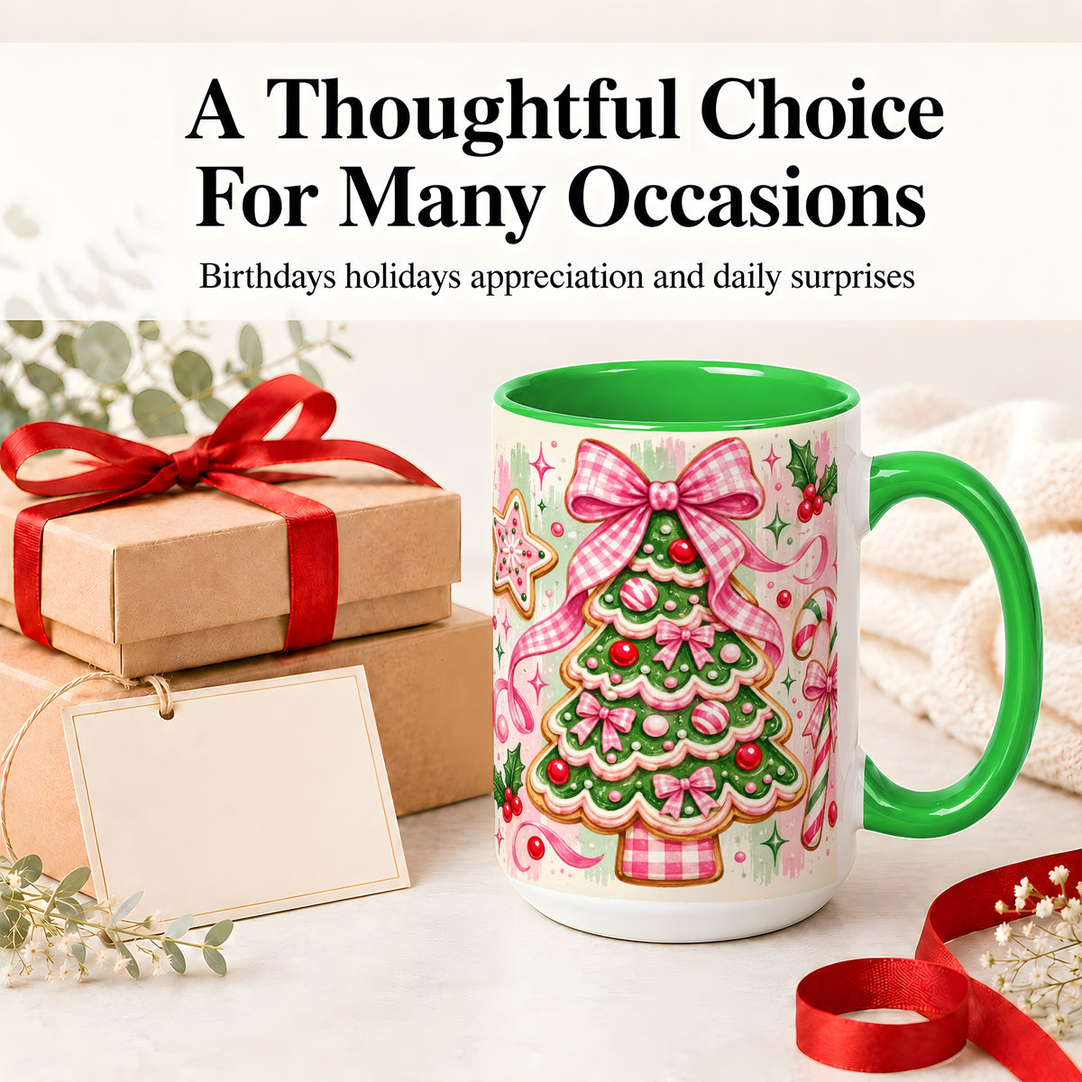#pl[15oz|Green] Gingerbread Christmas Tree Accent Mug, Ceramic Mug for Holiday Fans