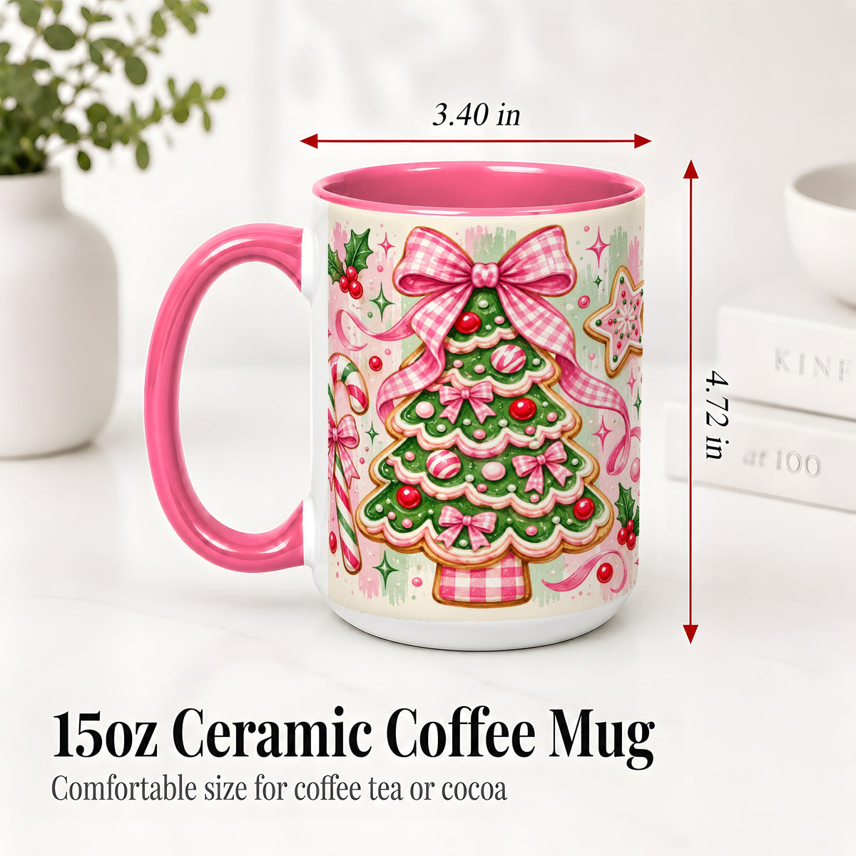 #pl[15oz|Pink] Gingerbread Christmas Tree Accent Mug, Ceramic Mug for Holiday Fans