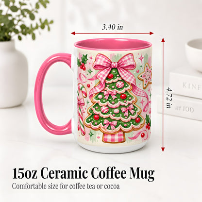 #pl[15oz|Pink] Gingerbread Christmas Tree Accent Mug, Ceramic Mug for Holiday Fans