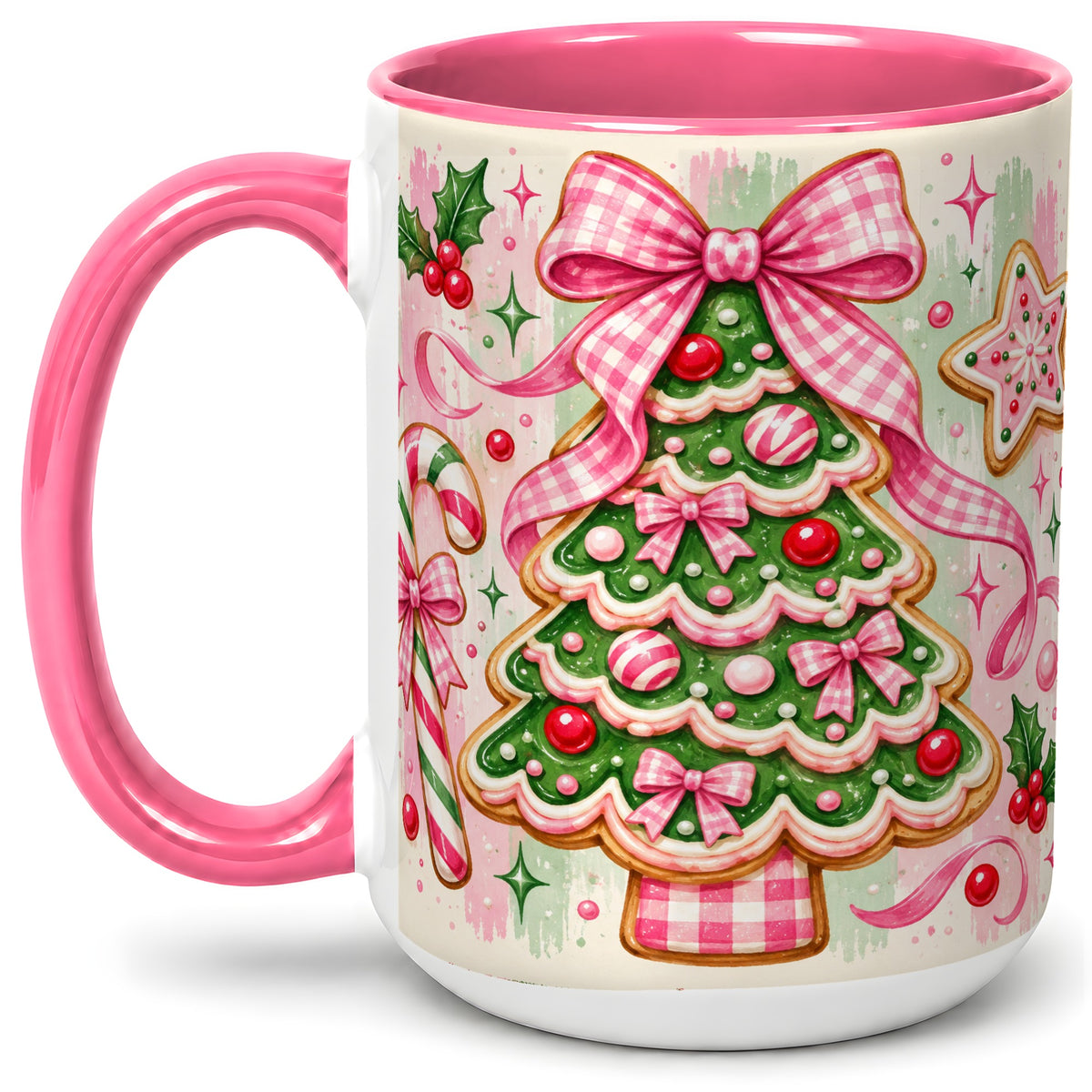 #pl[15oz|Pink] Gingerbread Christmas Tree Accent Mug, Ceramic Mug for Holiday Fans