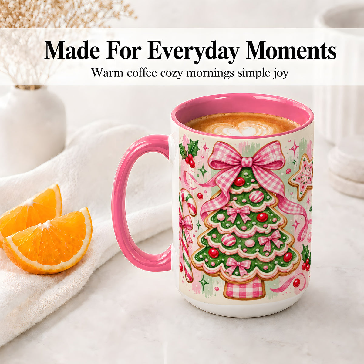 #pl[15oz|Pink] Gingerbread Christmas Tree Accent Mug, Ceramic Mug for Holiday Fans