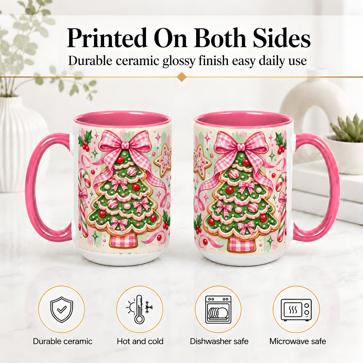 #pl[15oz|Pink] Gingerbread Christmas Tree Accent Mug, Ceramic Mug for Holiday Fans