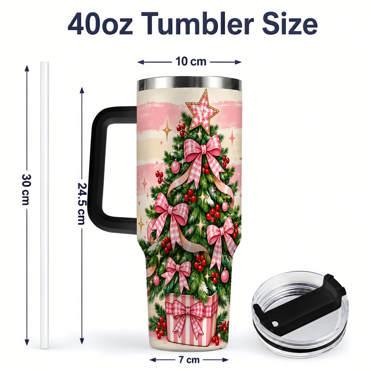 #pl[40oz|Black] Pink Gingham Bow Christmas Tree Tumbler, 40oz Stainless Steel Tumbler