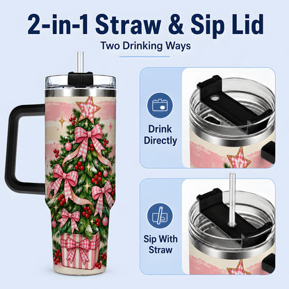 #pl[40oz|Black] Pink Gingham Bow Christmas Tree Tumbler, 40oz Stainless Steel Tumbler