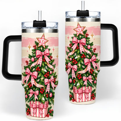 #pl[40oz|Black] Pink Gingham Bow Christmas Tree Tumbler, 40oz Stainless Steel Tumbler